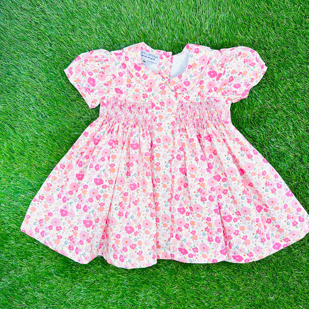Smocked Charlotte Dress- Pink Floral Liberty Print Smocked Charlotte Dress- Pink Floral Liberty Print