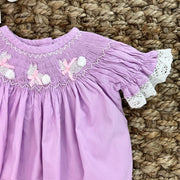 Easter Bunny Smocked Romper in Lavender with Lace