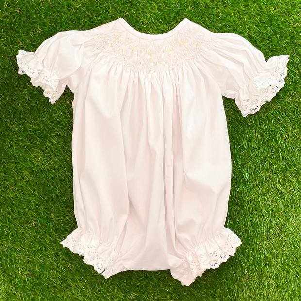 White Smocked Romper with Cream Crosses