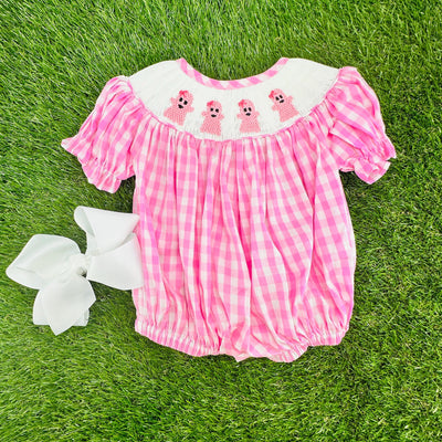 Smocked Halloween Ghost Bubble in Pink Gingham, Romper style, Pumpkin, trick or treat, Fall, Sibling Matching 755 *B