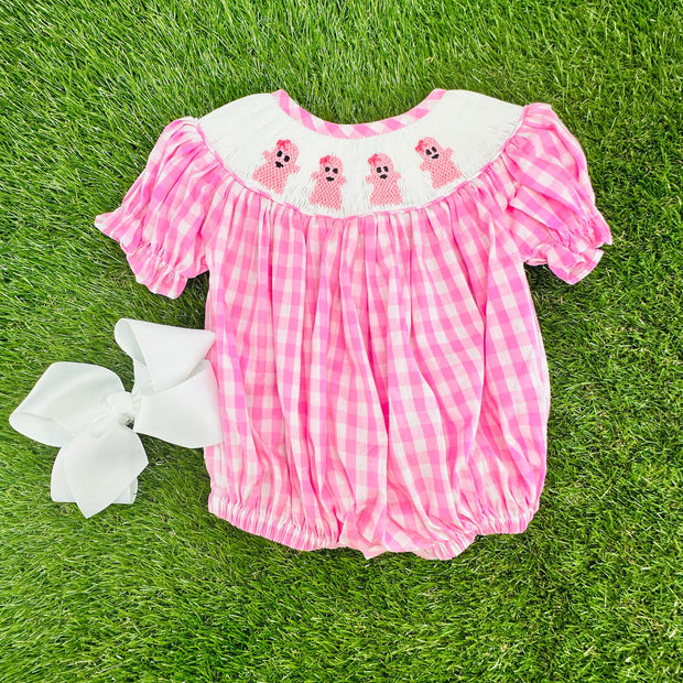 Smocked Halloween Ghost Bubble in Pink Gingham, Romper style, Pumpkin, trick or treat, Fall, Sibling Matching 755 *B