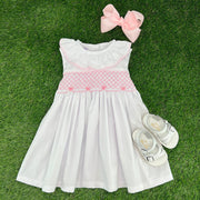 Smocked Toulouse Dress White with Ruffle Collar