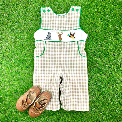 Hunter Smocked Longall in Tan Gingham with Pockets!