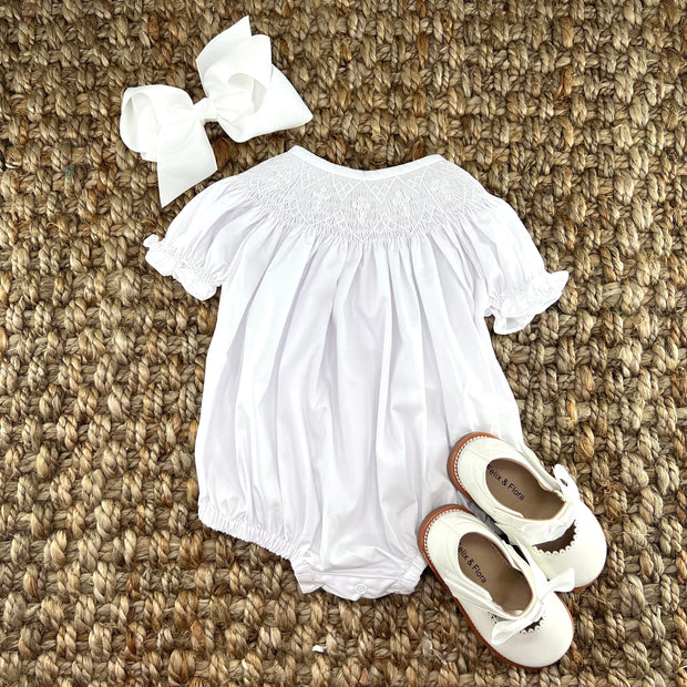 Smocked Cross Bubble Romper in White with White Crosses