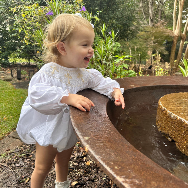 Smocked Cross Long-Sleeve Bubble Romper
