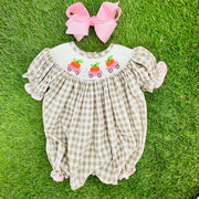 Smocked Pumpkin Bubble in Tan Gingham