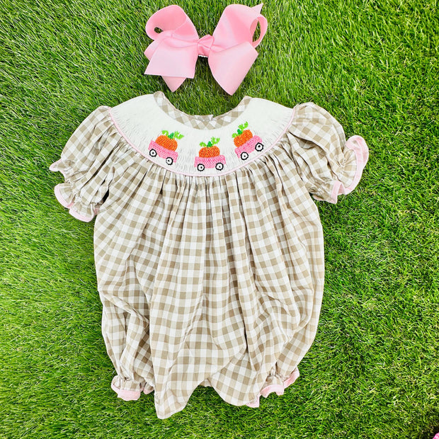 Smocked Pumpkin Bubble in Tan Gingham