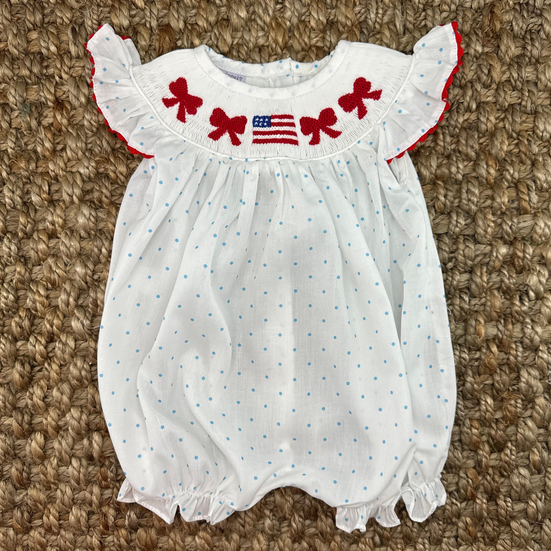 Smocked Flag Bow Girl s Bubble Romper Pleats and Stitches