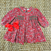 Red Floral Charlotte Smocked Dress - Christmas, Valentine, Fall, Liberty London, Vintage Style, Baby Girl, Heirloom, 768 *G