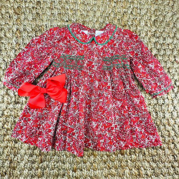 Red Floral Charlotte Smocked Dress - Christmas, Valentine, Fall, Liberty London, Vintage Style, Baby Girl, Heirloom, 768 *G