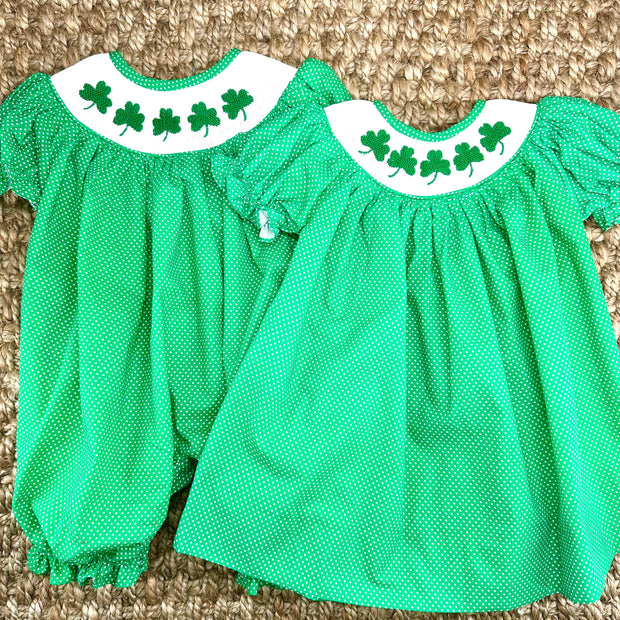 Smocked Shamrock Long Bubble in Emerald Green with White Polka Dots - St. Patrick's Day, Saint Patrick, Clover, Baby Girl, Baby Gift, 693