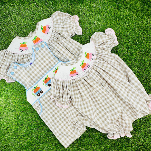 Smocked Pumpkin Bubble in Tan Gingham