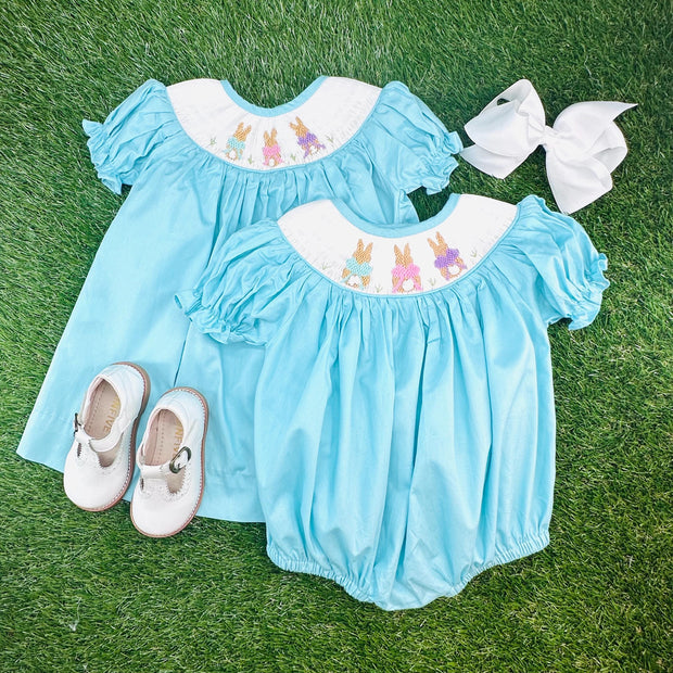 Easter Bunny Smocked Dress- Teal Pleats and Stitches Easter Bunny Smocked Dress- Teal Pleats and Stitches