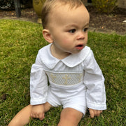 Smocked Long-Sleeve Cross Shortall - White with Cream Crosses