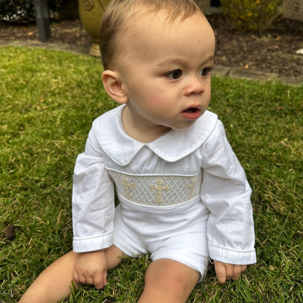 Smocked Long-Sleeve Cross Shortall - White with Cream Crosses