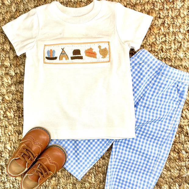 Smocked Thanksgiving Shirt in White Knit- (pants sold separately)