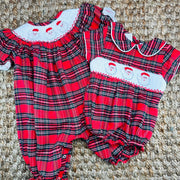 Santa Smocked Christmas Boy's Bubble in Tartan Plaid