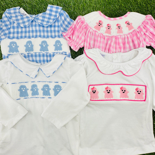 Halloween Ghost Smocked Boy's Bubble - Fall, Halloween, Baby Boy outfit, Blue Gingham 754 *A