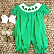 Smocked Shamrock Long Bubble in Emerald Green with White Polka Dots - St. Patrick's Day, Saint Patrick, Clover, Baby Girl, Baby Gift, 693