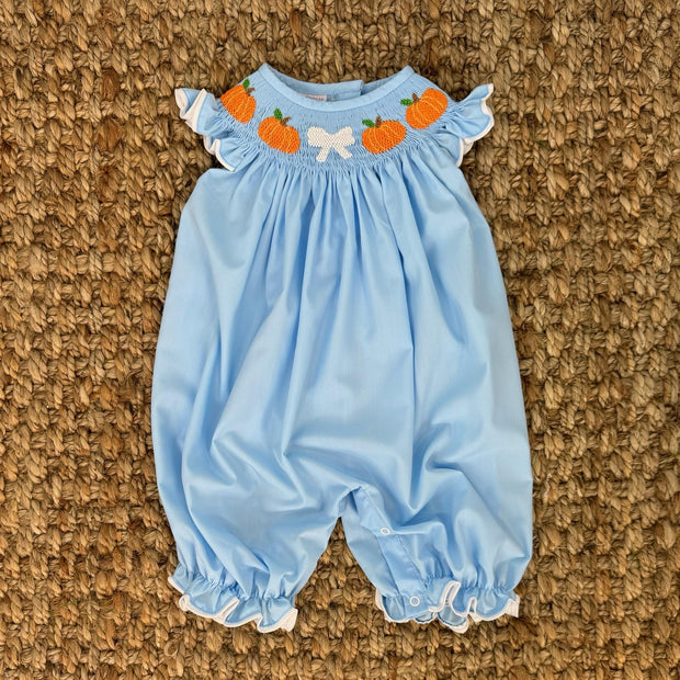 Smocked Pumpkin Bubble with Bow and Ruffle Sleeves