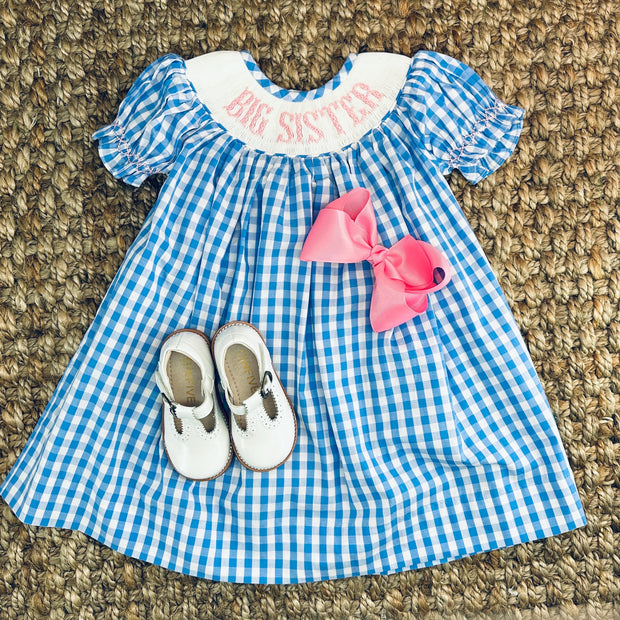 Smocked Big Sister Blue Gingham Dress. Blue Bishop Dress, Baby Girl, Heirloom Dress