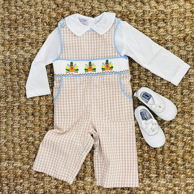 Turkey Smocked Longall in Tan Gingham with Pockets!