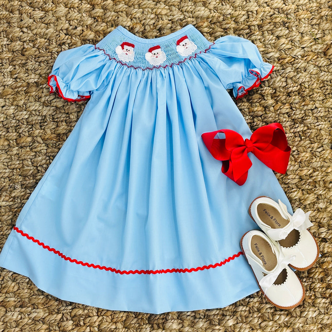 Santa Smocked Bishop Dress in Blue