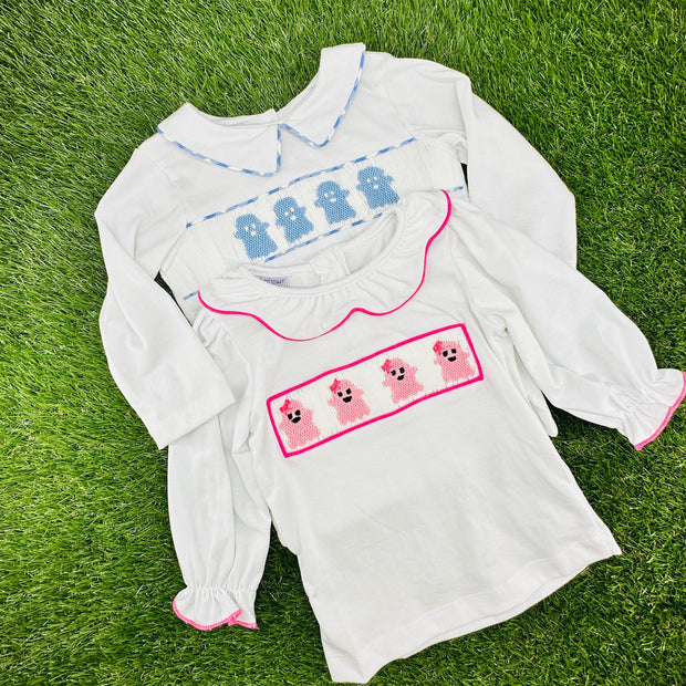 Smocked Halloween Ghost Shirt in White Knit (shirt only)