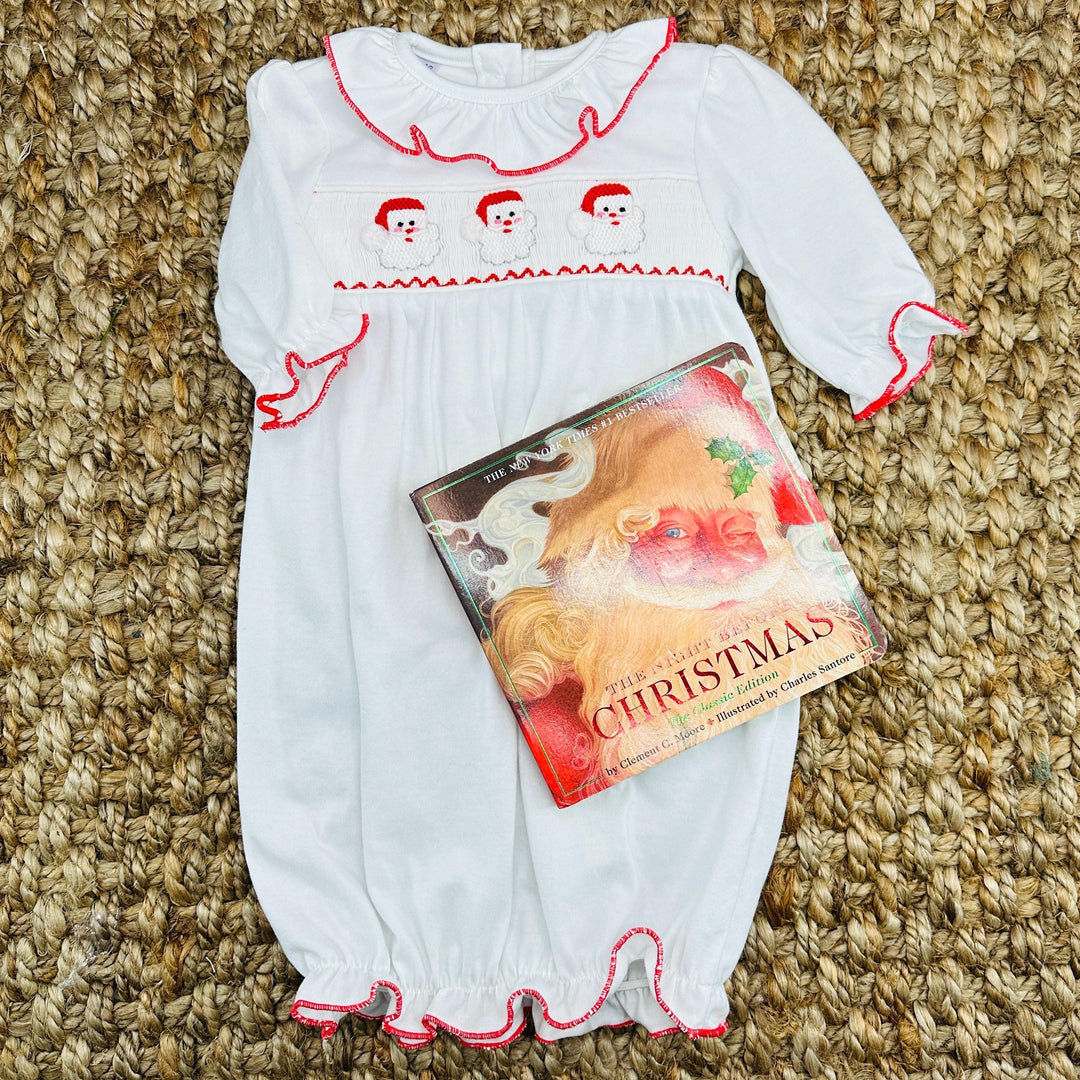 Santa Smocked Christmas Layette Gown- Baby Girl – Pleats and Stitches