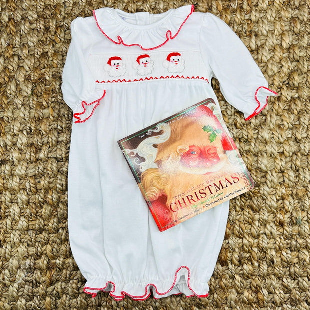 Santa Smocked Christmas Layette Gown- Baby Girl Santa Smocked Christmas Layette Gown- Baby Girl