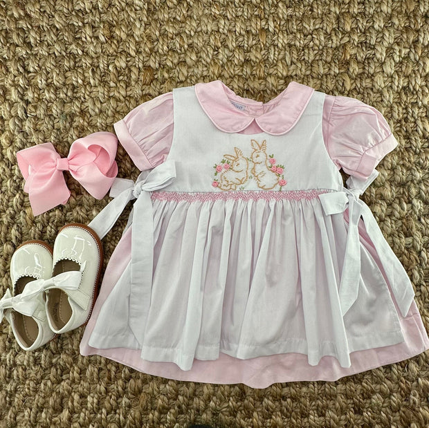 Bunny Dress- Smocked & Embroidered Apron- 2 Piece Dress! Pleats and Stitches Bunny Dress- Smocked & Embroidered Apron- 2 Piece Dress! Pleats and Stitches