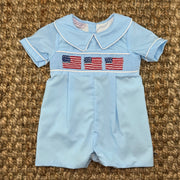 Flag Smocked Shortall with Collar in Blue