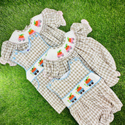 Smocked Pumpkin Bubble in Tan Gingham