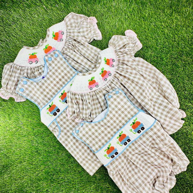Smocked Pumpkin Bubble in Tan Gingham