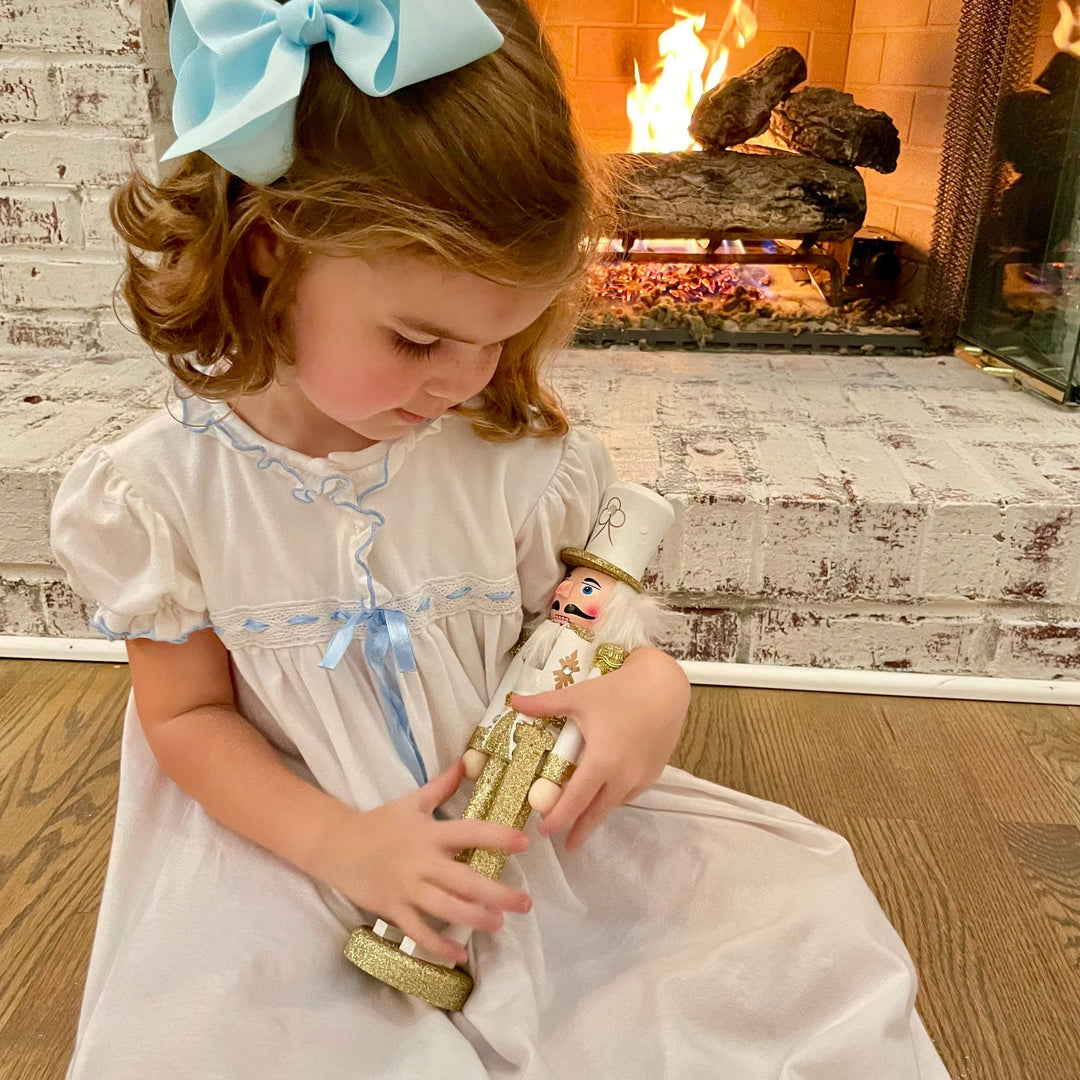 Clara Nutcracker Dress in Soft Knit Cotton with Blue Ribbon 6