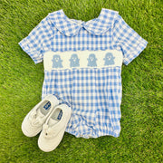 Halloween Ghost Smocked Boy's Bubble - Fall, Halloween, Baby Boy outfit, Blue Gingham 754 *A