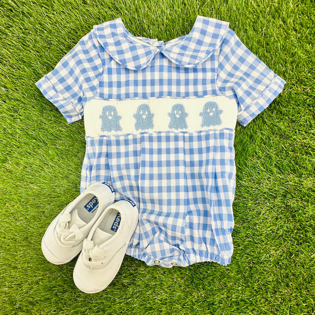 Halloween Ghost Smocked Boy's Bubble - Fall, Halloween, Baby Boy outfit, Blue Gingham 754 *A