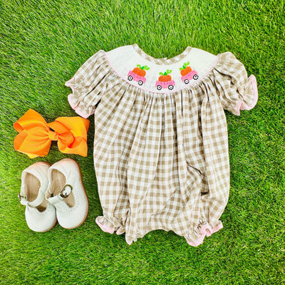 Smocked Pumpkin Bubble in Tan Gingham