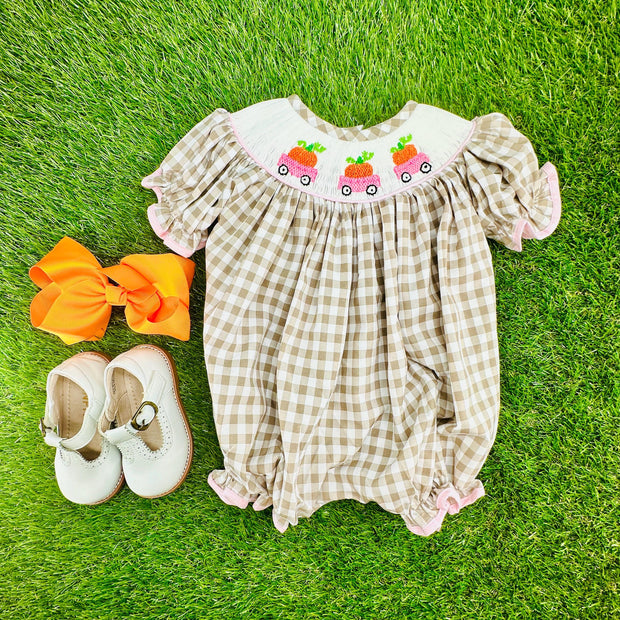 Smocked Pumpkin Bubble in Tan Gingham