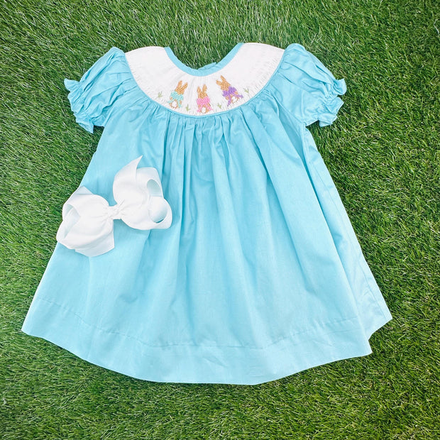 Easter Bunny Smocked Dress- Teal Pleats and Stitches Easter Bunny Smocked Dress- Teal Pleats and Stitches