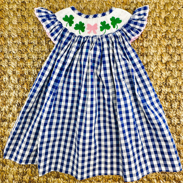 Shamrock & Bow Smocked Dress in Royal Blue Buffalo Check