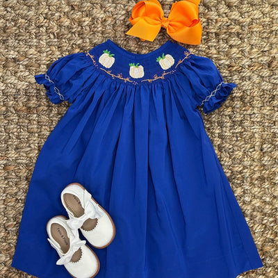 Smocked Ivory Pumpkin Bishop Dress in Blue