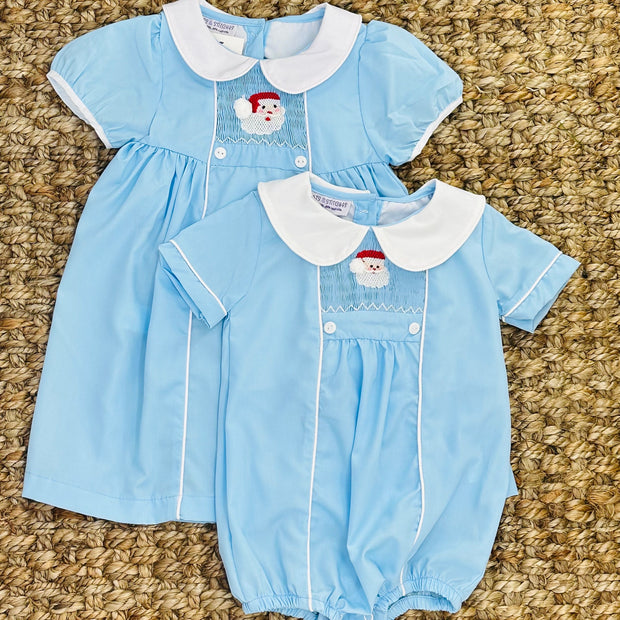 Santa Smocked Christmas Dress With Collar in Light blue