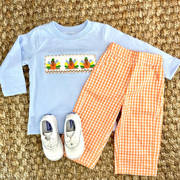 Smocked Thanksgiving Turkey Shirt in Blue Knit (pants sold separately)