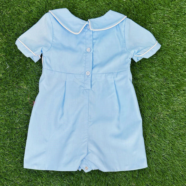 Pumpkin Smocked Shortall with Wagons on Blue - Vintage Style, Heirloom, Hand Smocked, Baby Boy