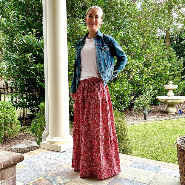 Red Floral Lady's Maxi Skirt