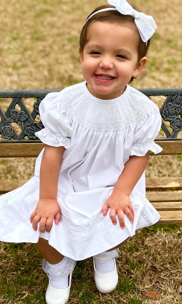 Smocked Cross Dress in White with White Crosses