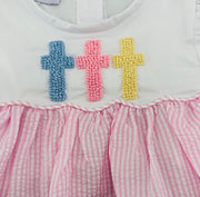 Easter Cross Romper - French Knot Crosses in Pink Seersucker with Smocked Sleeves