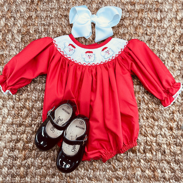 Santa Smocked Christmas Bubble Romper in Red Pleats and Stitches Santa Smocked Christmas Bubble Romper in Red Pleats and Stitches