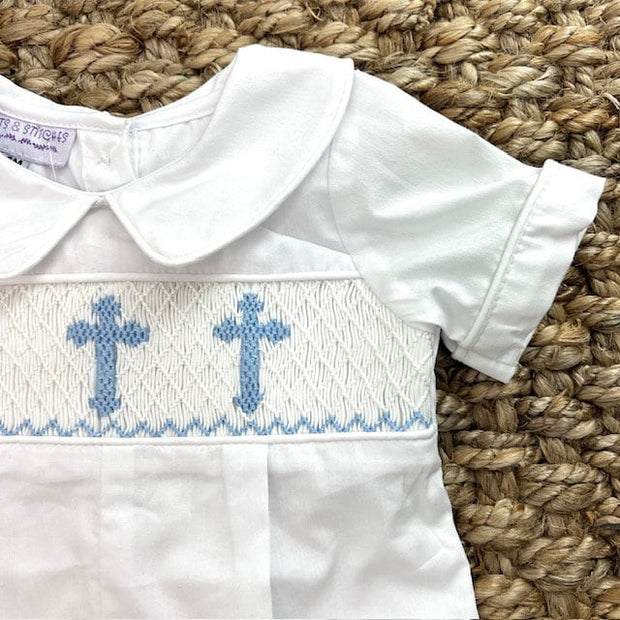 Cross Smocked Shortall in White with Blue Crosses